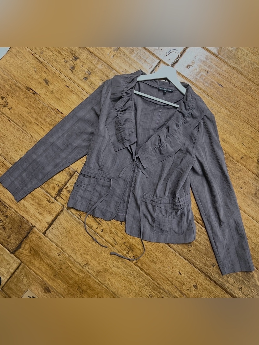 Ruffled Collar Women's Blazer Jacket in Charcoal Gray